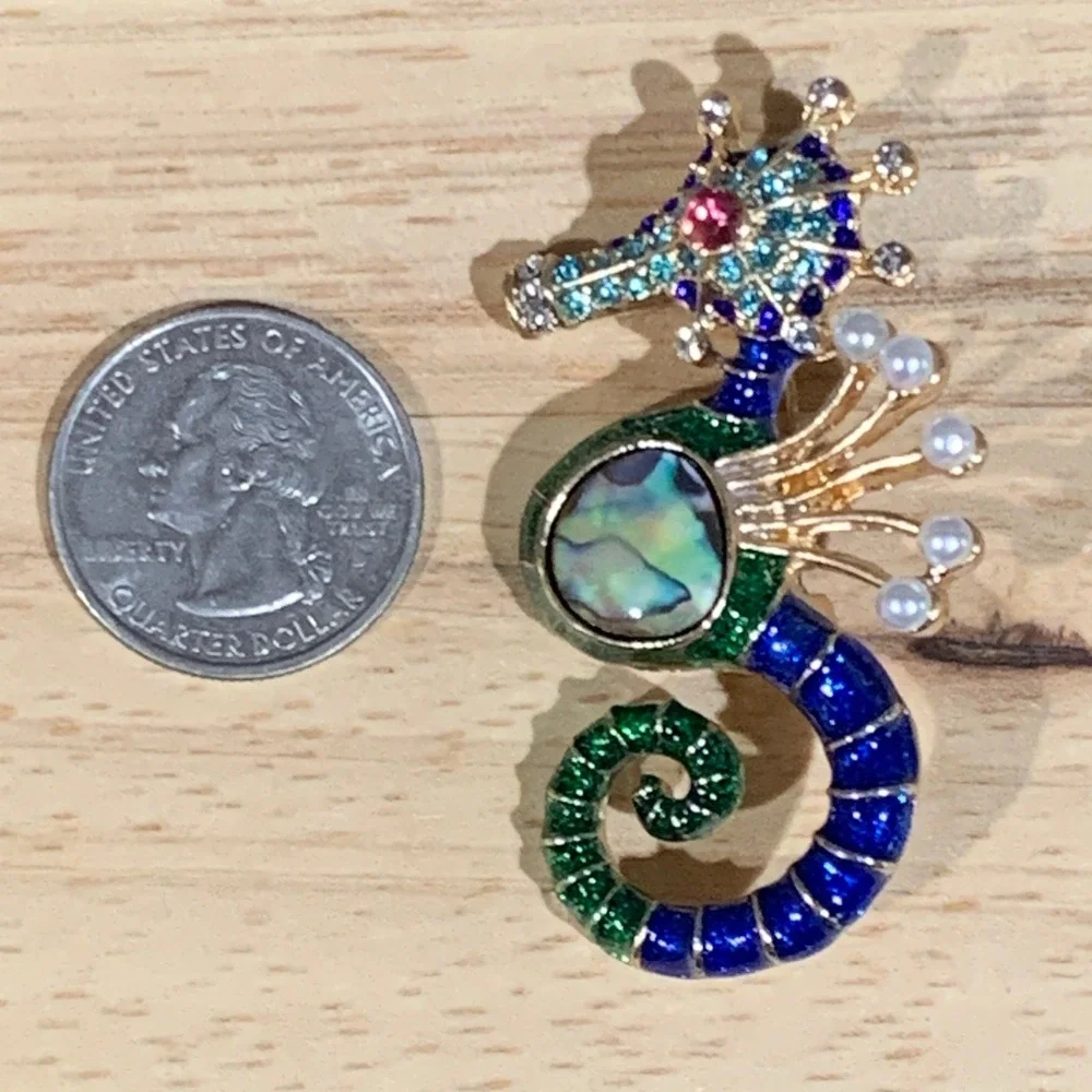 Maximalist Seahorse Brooch Women Blue Green Enamel Abalone Faux Pearl Nautical